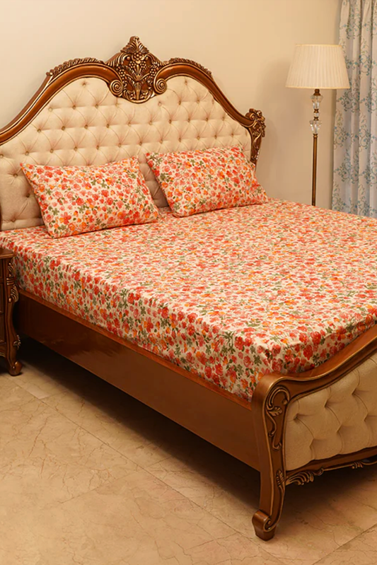 Bed Sheet - Peach Floral Multi (Queen Size)