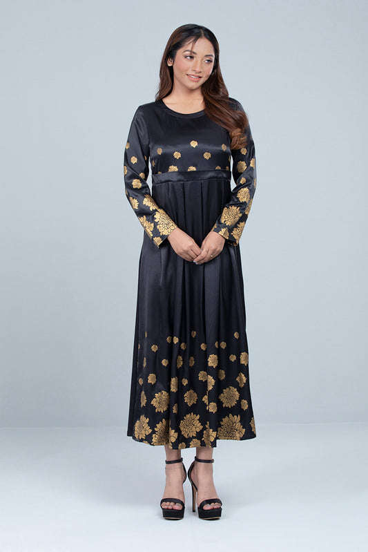 Midnight Bloom Golden Shimmer Long Dress