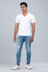 Skinny Fit Distressed Mid Blue Jeans