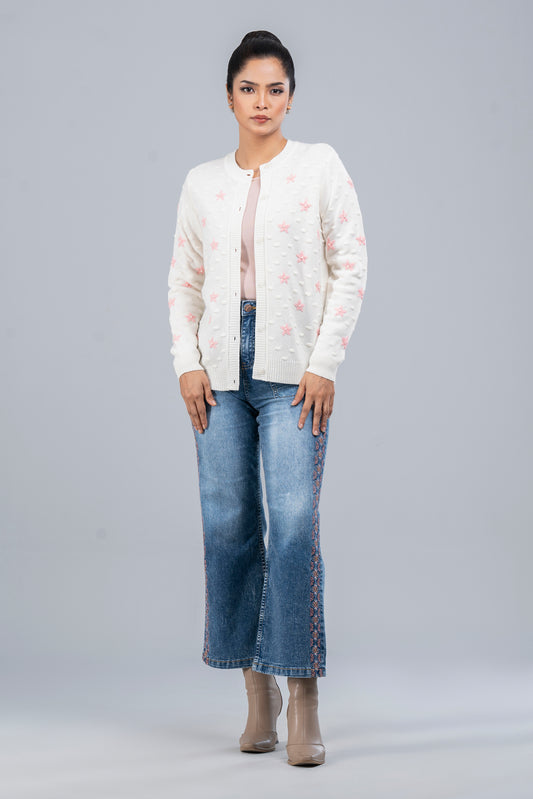 Short-Length Floral-Embroidered Cardigan