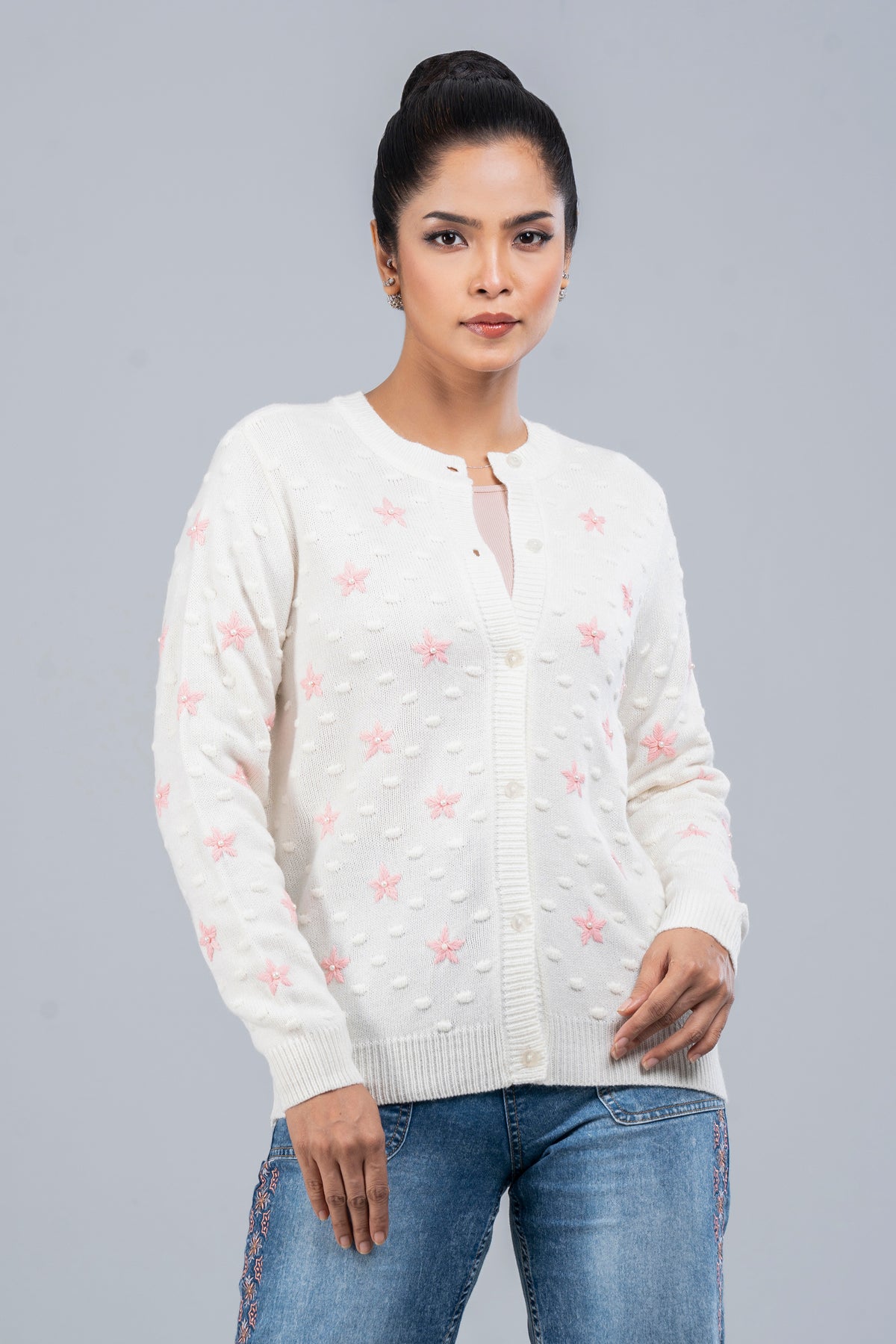 Short-Length Floral-Embroidered Cardigan