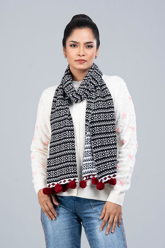 Geometric Jacquard Muffler with Contrast Pompoms