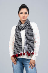 Geometric Jacquard Muffler with Contrast Pompoms