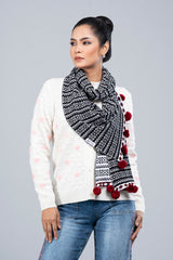 Geometric Jacquard Muffler with Contrast Pompoms