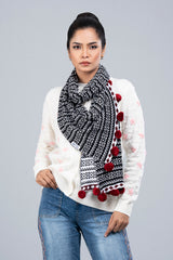 Geometric Jacquard Muffler with Contrast Pompoms