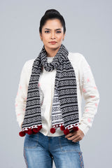 Geometric Jacquard Muffler with Contrast Pompoms