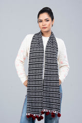 Geometric Jacquard Muffler with Contrast Pompoms