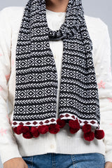 Geometric Jacquard Muffler with Contrast Pompoms