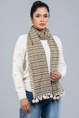 Geometric Jacquard Muffler with Contrast Pompoms