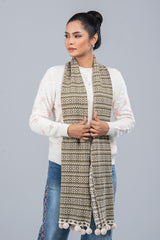 Geometric Jacquard Muffler with Contrast Pompoms