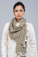 Geometric Jacquard Muffler with Contrast Pompoms