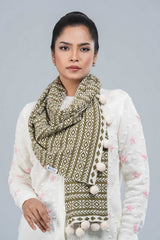 Geometric Jacquard Muffler with Contrast Pompoms