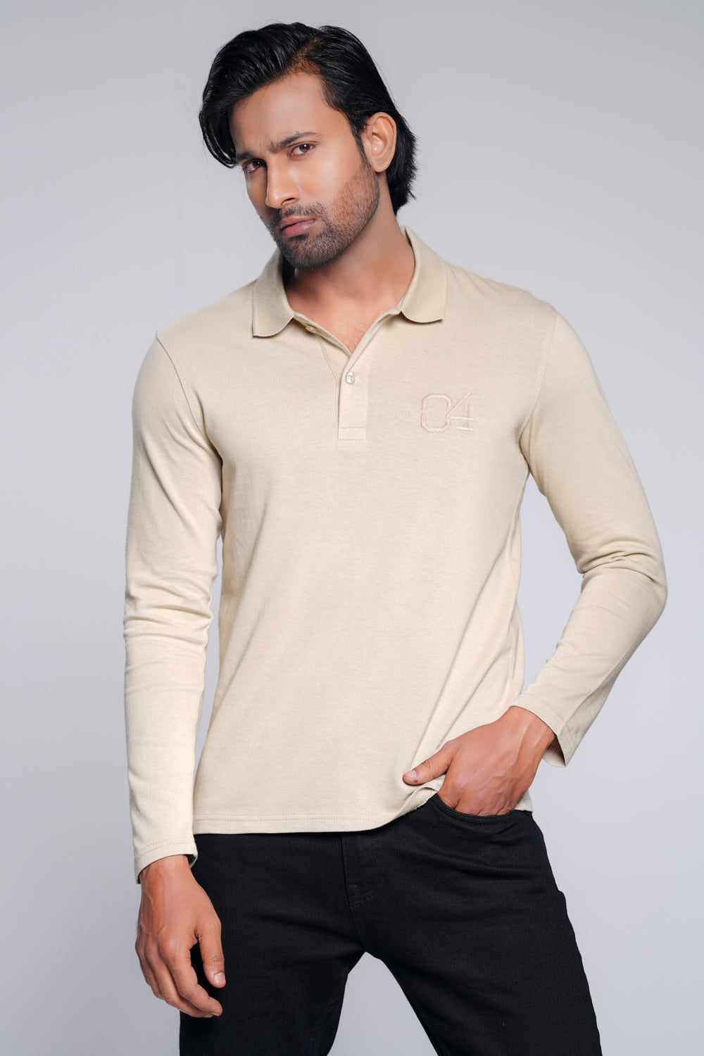 Regular Fit Full-Sleeve Textured Polo Shirt