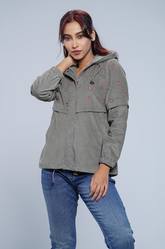 Regular Fit Corduroy Yoke Floral Embroidered Hoodie