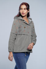 Regular Fit Corduroy Yoke Floral Embroidered Hoodie