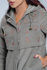 Regular Fit Corduroy Yoke Floral Embroidered Hoodie