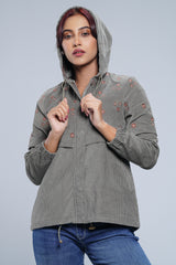 Regular Fit Corduroy Yoke Floral Embroidered Hoodie