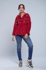 Regular Fit Corduroy Yoke Floral Embroidered Hoodie