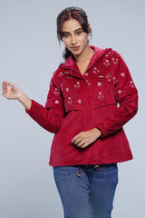 Regular Fit Corduroy Yoke Floral Embroidered Hoodie