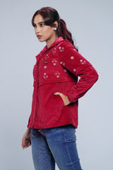 Regular Fit Corduroy Yoke Floral Embroidered Hoodie