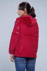 Regular Fit Corduroy Yoke Floral Embroidered Hoodie