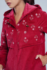 Regular Fit Corduroy Yoke Floral Embroidered Hoodie