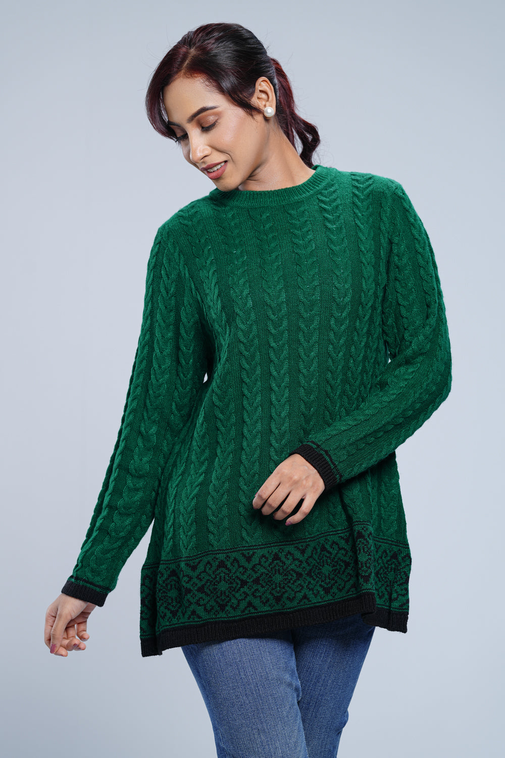 Mid-Length Cable-Knit Pullover Sweater