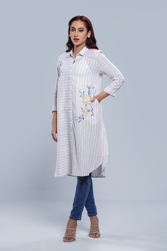 Long-Length Striped Fabric Ethnic Kurta - One Piece