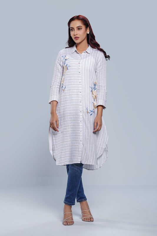 Long-Length Striped Fabric Ethnic Kurta - One Piece