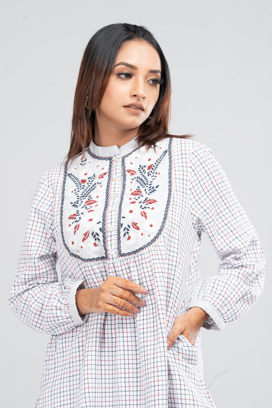 Short-Length White Checkered Ethnic Kurti