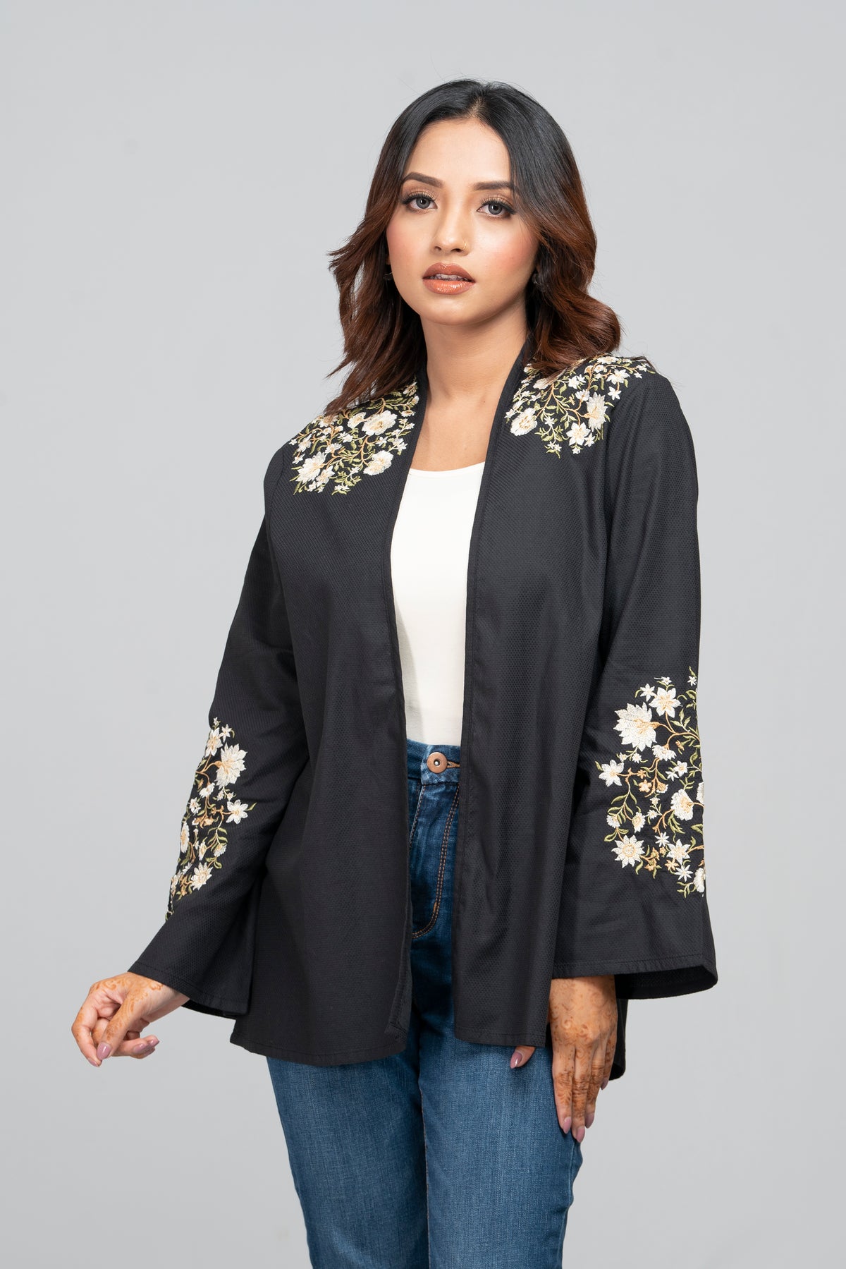 Slub Fabric Embroidered Bolero Top