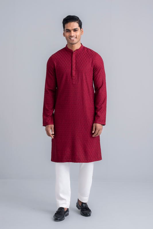 Regular Fit Schiffli-Embroidered Semi Formal Panjabi