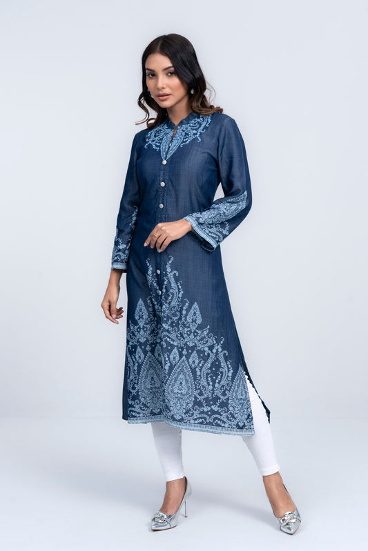 Denim Fabric Embroidered Ethnic Kurta - One Piece