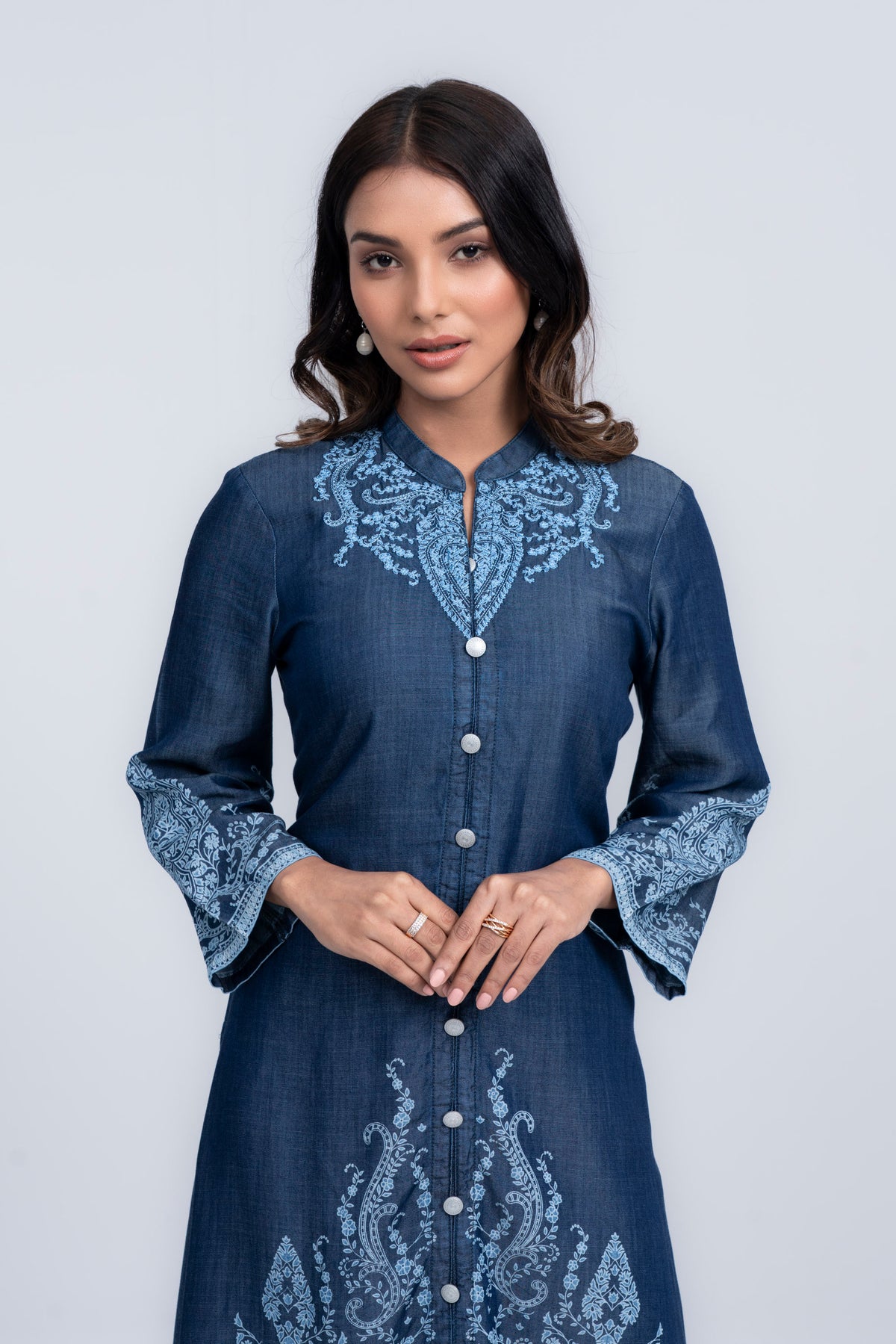 Denim Fabric Embroidered Ethnic Kurta - One Piece