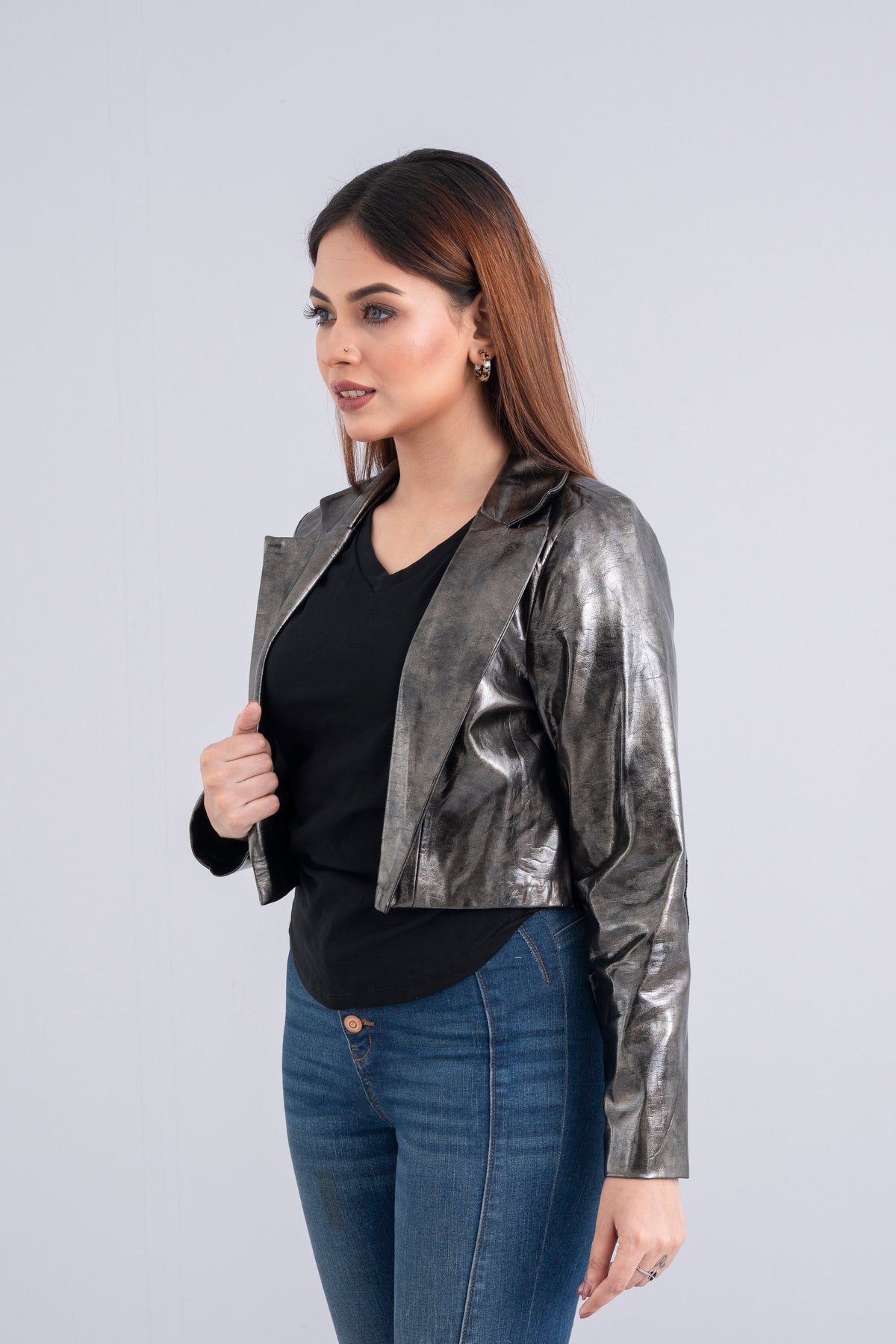 Regular Fit Embellished PU Leather Jacket - Bling