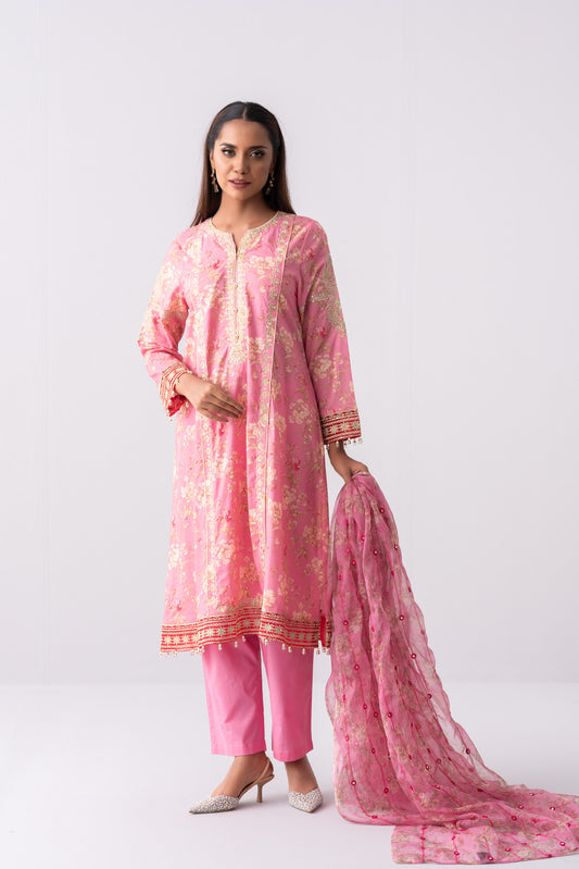 Long-Length Smart Fit Three Piece Lawn with Organza Dupatta