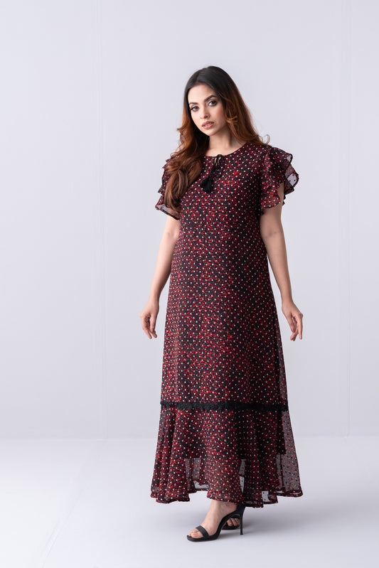 Ditsy Printed Georgette Long Dress