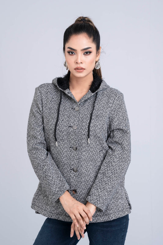 Regular Fit Herringbone Fabric Hoodie