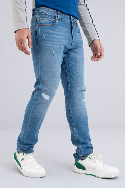 Slim Fit Distressed Mid Blue Jeans