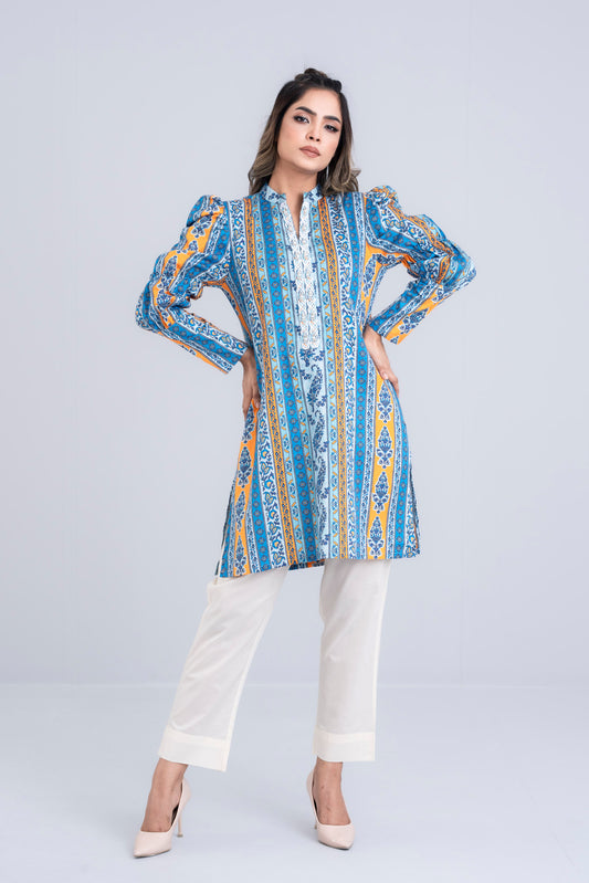 Puff-Sleeved Cotton Satin Kurti - Mystika