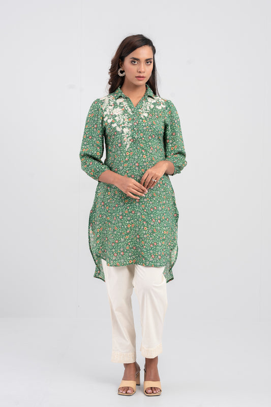 Women's Embroidered Viscose Ethnic Kurti with Shirt Collar