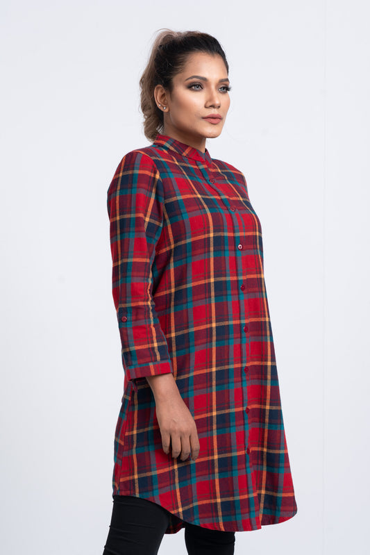 Mid-Length Flannel Checkered Casual Shirt