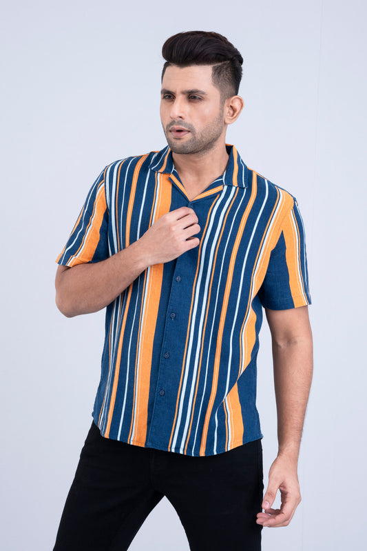 Regular Fit Striped Casual Shirt with Lapel Collar